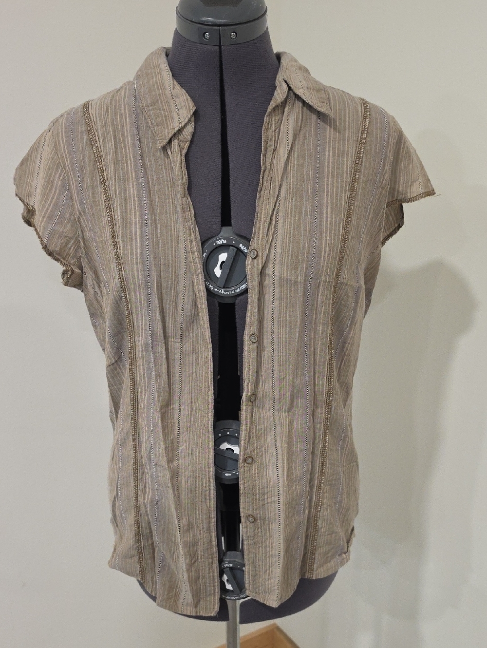 Maurices Striped Short-Sleeve Button Top - Taupe & Cream